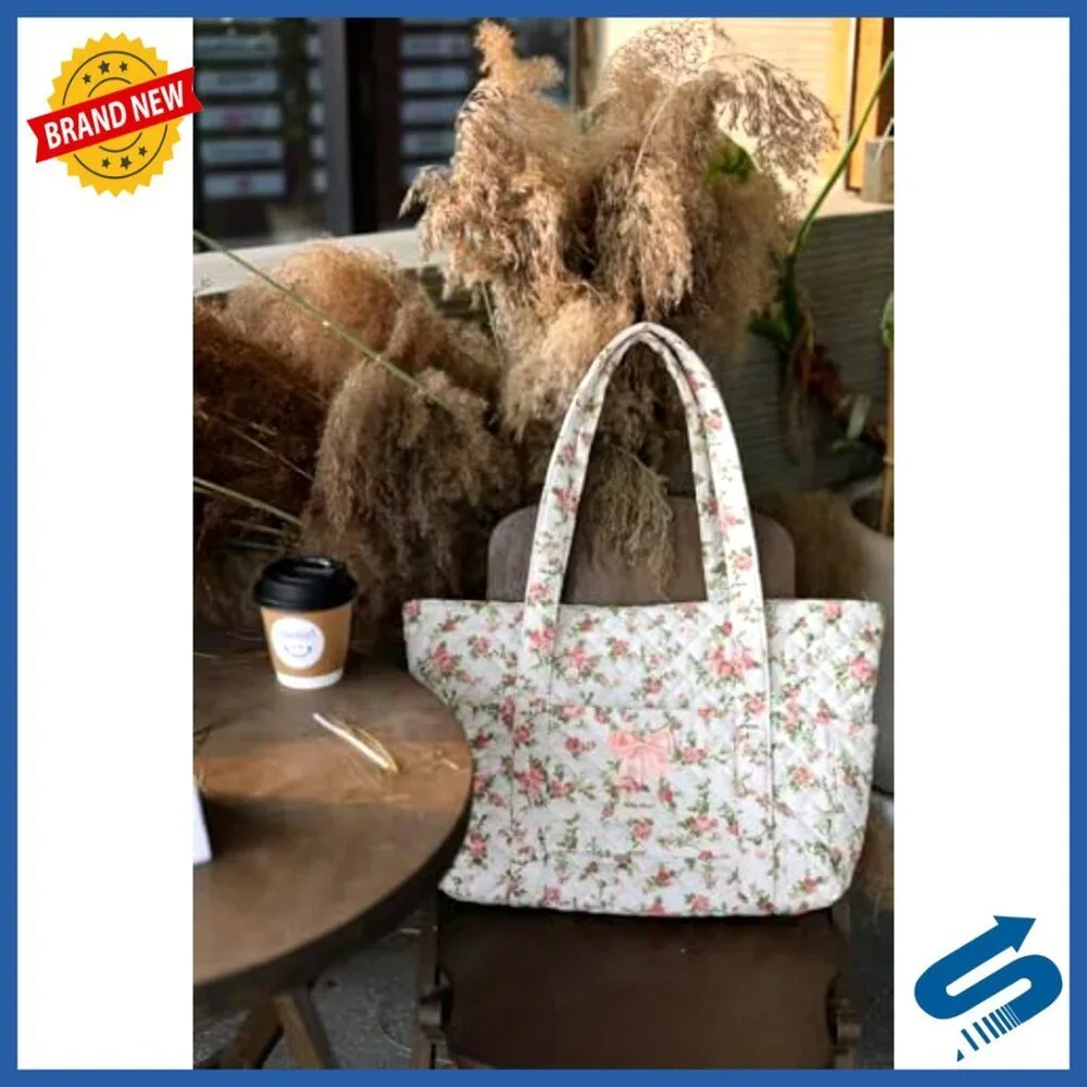 Quilted Floral Gingham Tote Bag with Zipper Bow Shoulder Bag Work Travel